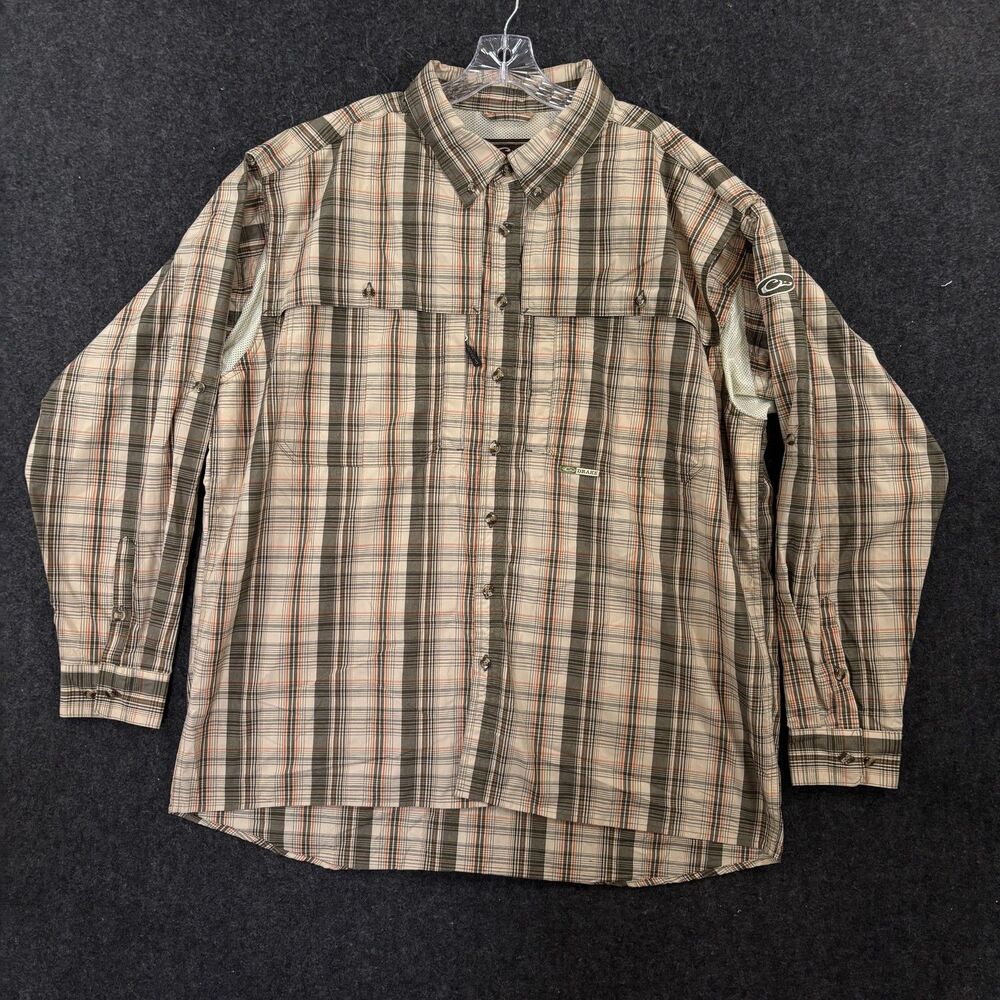 Drake Performance Fishing Shirt Men's XXL Beige Plaid Vented Magnetic Pocket
